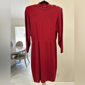 St. John Vintage Red Long Sleeve Knit Dress with Button Accents